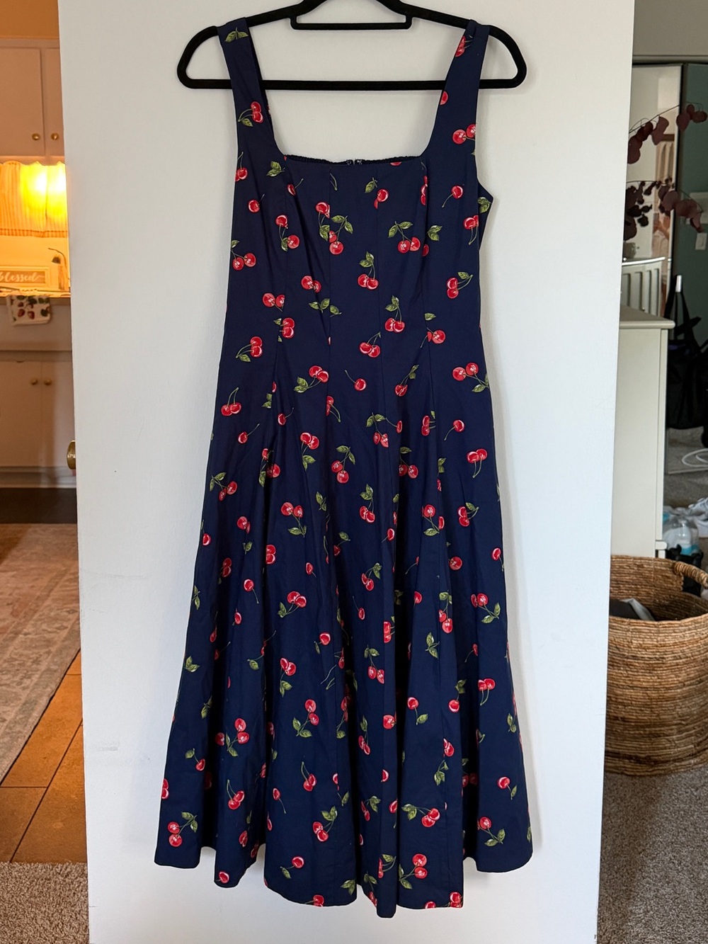 NWOT Lands' End Navy Midi Dress with Red Cherry Print